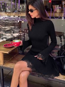 Aloruh 女款優雅高領深棕色蕾絲拼接短款針織洋裝，冬季女裝，秋季洋裝，冬季女款毛衣 - 黑色 - 查看 3