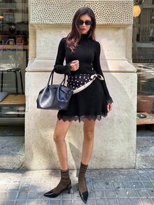 Aloruh 女款優雅高領深棕色蕾絲拼接短款針織洋裝，冬季女裝，秋季洋裝，冬季女款毛衣 - 黑色 - 查看 8