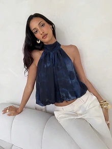 Aloruh 波西米亞度假風性感辣妹掛脖雪紡豹紋女款上衣 - 藏蓝色 - 查看 5