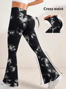 Slayform Women's High Waist Casual Athletic Baggy Fold Over Sports Black Sequin Flare Pants Gym Pilates Yoga Summer - Black - View 1