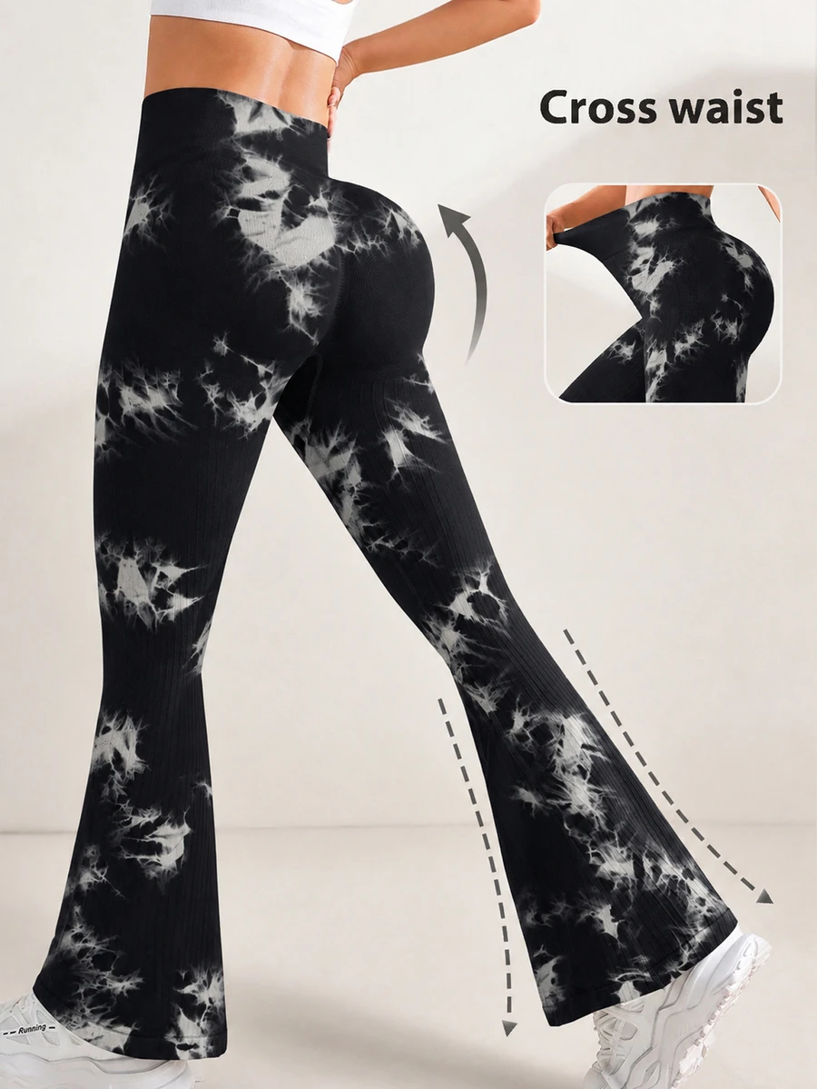 Slayform Women's High Waist Casual Athletic Baggy Fold Over Sports Black Sequin Flare Pants Gym Pilates Yoga Summer - Black - View 1