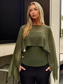 Aloruh Women's Semi-Sheer Shawl Design Waist-Cinching Slim Fit Blouse Suitable For Daily Wear - Army Green - View 7
