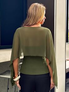 Aloruh Women's Semi-Sheer Shawl Design Waist-Cinching Slim Fit Blouse Suitable For Daily Wear - Army Green - View 2