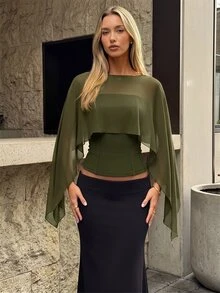 Aloruh Women's Semi-Sheer Shawl Design Waist-Cinching Slim Fit Blouse Suitable For Daily Wear - Army Green - View 4