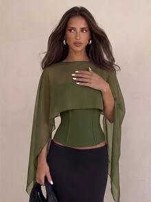 Aloruh Women's Semi-Sheer Shawl Design Waist-Cinching Slim Fit Blouse Suitable For Daily Wear - Army Green - View 3