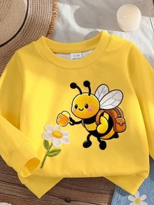 SHEIN Playful Pals 2件組女嬰可愛甜美黃色蜜蜂雛菊花卉印花長袖圓領休閒運動衫＋牛仔褲，戶外秋季假期穿著，羅紋飾邊 - 黃色 - 查看 5