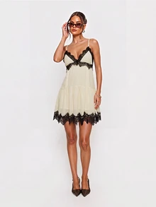 Dreamara Women's Fashion Vacation Elegant Sexy Romantic Black And Cream Gradient Pattern Layered Ruffle Backless Spaghetti Strap Mini Dress Summer Festival - Apricot - View 6