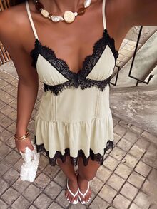 Dreamara Women's Fashion Vacation Elegant Sexy Romantic Black And Cream Gradient Pattern Layered Ruffle Backless Spaghetti Strap Mini Dress Summer Festival - Apricot - View 1