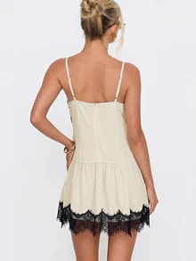 Dreamara Women's Fashion Vacation Elegant Sexy Romantic Black And Cream Gradient Pattern Layered Ruffle Backless Spaghetti Strap Mini Dress Summer Festival - Apricot - View 8