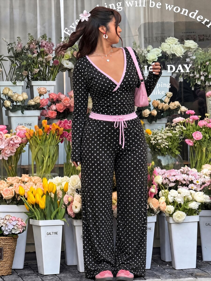 GalTyme Plus Size Polka Dot Print Long Sleeve Top And Drawstring Waist Pants 2 Pieces Set Fall - Multicolor - View 1