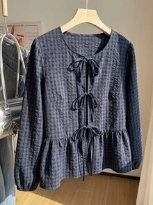 Comfortcana Plus Size Women's Casual Minimalist Round Neck Long Sleeve Tie Design Plaid Shirt - Navy Blue - View 7