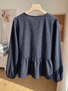 Comfortcana Plus Size Women's Casual Minimalist Round Neck Long Sleeve Tie Design Plaid Shirt - Navy Blue - View 2