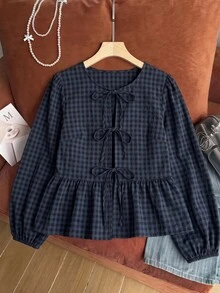 Comfortcana Plus Size Women's Casual Minimalist Round Neck Long Sleeve Tie Design Plaid Shirt - Navy Blue - View 4