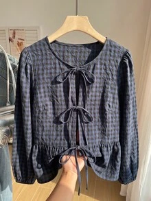 Comfortcana Plus Size Women's Casual Minimalist Round Neck Long Sleeve Tie Design Plaid Shirt - Navy Blue - View 1