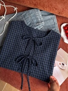 Comfortcana Plus Size Women's Casual Minimalist Round Neck Long Sleeve Tie Design Plaid Shirt - Navy Blue - View 5
