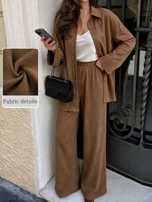 Rue Lumi Setelan 2 Potong Atasan Wanita Lengan Panjang Bahan Twill Kancing Depan Kasual untuk Berkomuter dan Celana Panjang Lurus - Coklat - View 3