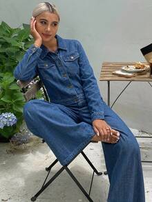 DAZY Women's Fashion 2pcs Set, Ruffle Trim Cropped Camisole Top And High Waist Tie Waist Wide Leg Casual Pants, Summer Vacation - Blue - View 7