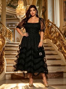 Velvienne French Square Neck Petal Sleeve Black Flocked Mesh Long Evening Dress - Black - View 3