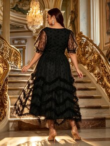 Velvienne French Square Neck Petal Sleeve Black Flocked Mesh Long Evening Dress - Black - View 2