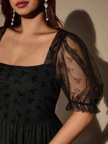 Velvienne French Square Neck Petal Sleeve Black Flocked Mesh Long Evening Dress - Black - View 6