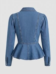GlowEve Jaket Denim Kasual Wanita Lengan Panjang Model Puff dengan Kancing Tunggal - Biru - View 5