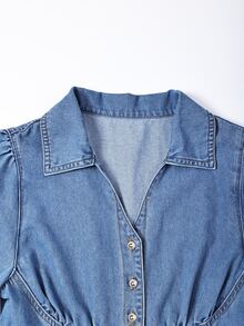 GlowEve Jaket Denim Kasual Wanita Lengan Panjang Model Puff dengan Kancing Tunggal - Biru - View 3