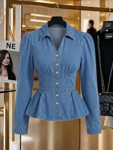GlowEve Jaket Denim Kasual Wanita Lengan Panjang Model Puff dengan Kancing Tunggal - Biru - View 9