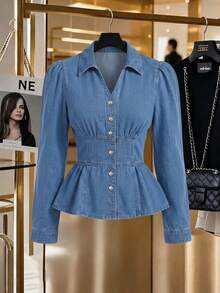 GlowEve Jaket Denim Kasual Wanita Lengan Panjang Model Puff dengan Kancing Tunggal - Biru - View 8