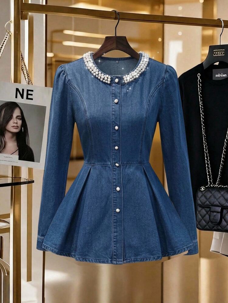 GlowEve Women's Elegant Beaded Denim Jacket, Autumn - Blue - View 1
