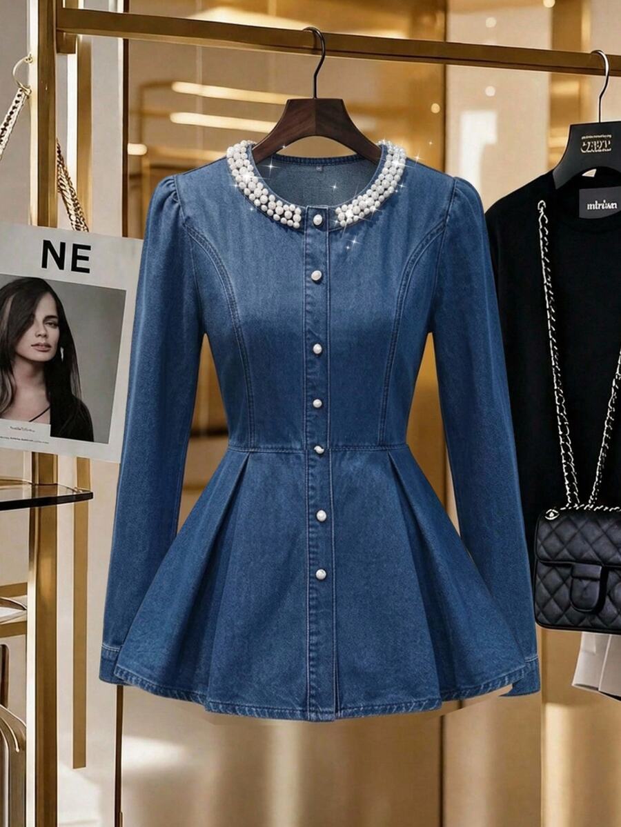 GlowEve Jaket Denim Berhiaskan Manik-Manik Elegan untuk Wanita, Musim Gugur
