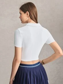 Activina 女款純色短袖休閒健身運動 Polo 衫 白色修身網球與高爾夫 Polo 衫－休閒、休閒與運動日常穿著 - 白色 - 查看 2