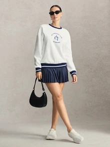 Activina Colorblock Patchwork Letter Embroidery Sports Sweatshirt Fleece-Lined, Brushed-Finish Sweatshirt-Soft Against The Skin And Warm Tennis And Workout - White - View 4