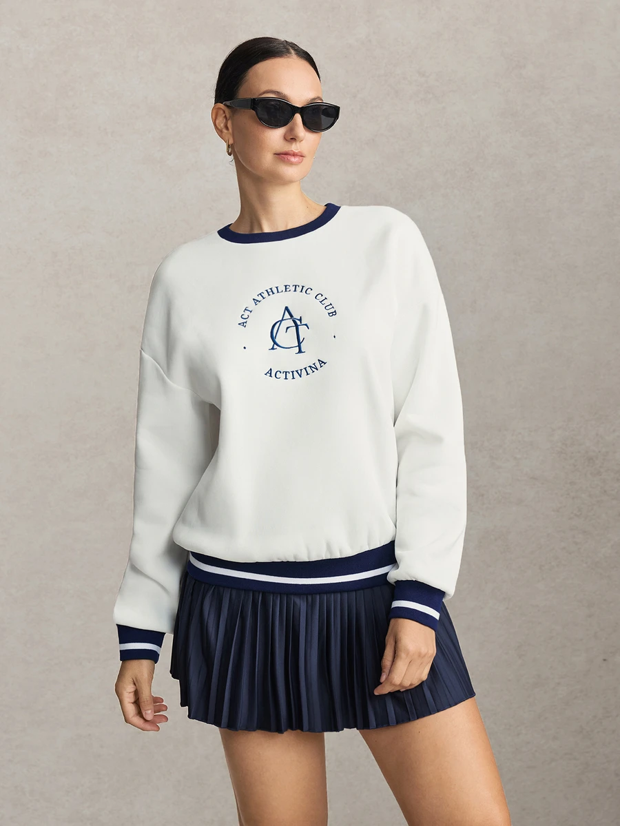 Activina Colorblock Patchwork Letter Embroidery Sports Sweatshirt Fleece-Lined, Brushed-Finish Sweatshirt-Soft Against The Skin And Warm Tennis And Workout - White - View 1