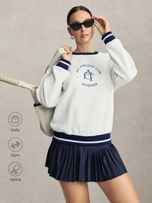 Activina Colorblock Patchwork Letter Embroidery Sports Sweatshirt Fleece-Lined, Brushed-Finish Sweatshirt-Soft Against The Skin And Warm Tennis And Workout - White - View 1
