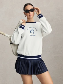Activina Colorblock Patchwork Letter Embroidery Sports Sweatshirt Fleece-Lined, Brushed-Finish Sweatshirt-Soft Against The Skin And Warm Tennis And Workout - White - View 8