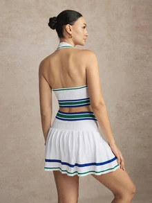 Activina Women's Patchwork Color Halter Casual Versatile Daily Wear Tennis Set Seamless, Elegant, And Casual Color-Block Striped Sports Bra And Skirt Set - White - View 1
