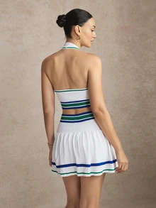 Activina Women's Patchwork Color Halter Casual Versatile Daily Wear Tennis Set Seamless, Elegant, And Casual Color-Block Striped Sports Bra And Skirt Set - White - View 3