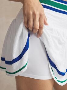 Activina Women's Patchwork Color Halter Casual Versatile Daily Wear Tennis Set Seamless, Elegant, And Casual Color-Block Striped Sports Bra And Skirt Set - White - View 7
