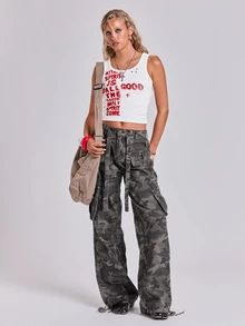 ROMWE Tank Top Wanita Gaya Punk Street Y2K Colorblock Slogan Huruf Distressed Musim Gugur/Dingin - Putih - View 7