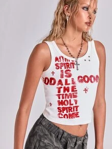 ROMWE Tank Top Wanita Gaya Punk Street Y2K Colorblock Slogan Huruf Distressed Musim Gugur/Dingin - Putih - View 3