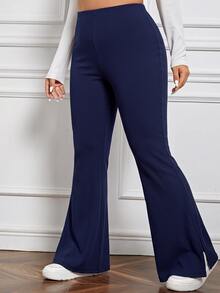 SHEIN EZwear Women's Plus Size Navy Blue Casual Side Slit Flare Pants, Autumn/Winter Fall - Navy Blue - View 4