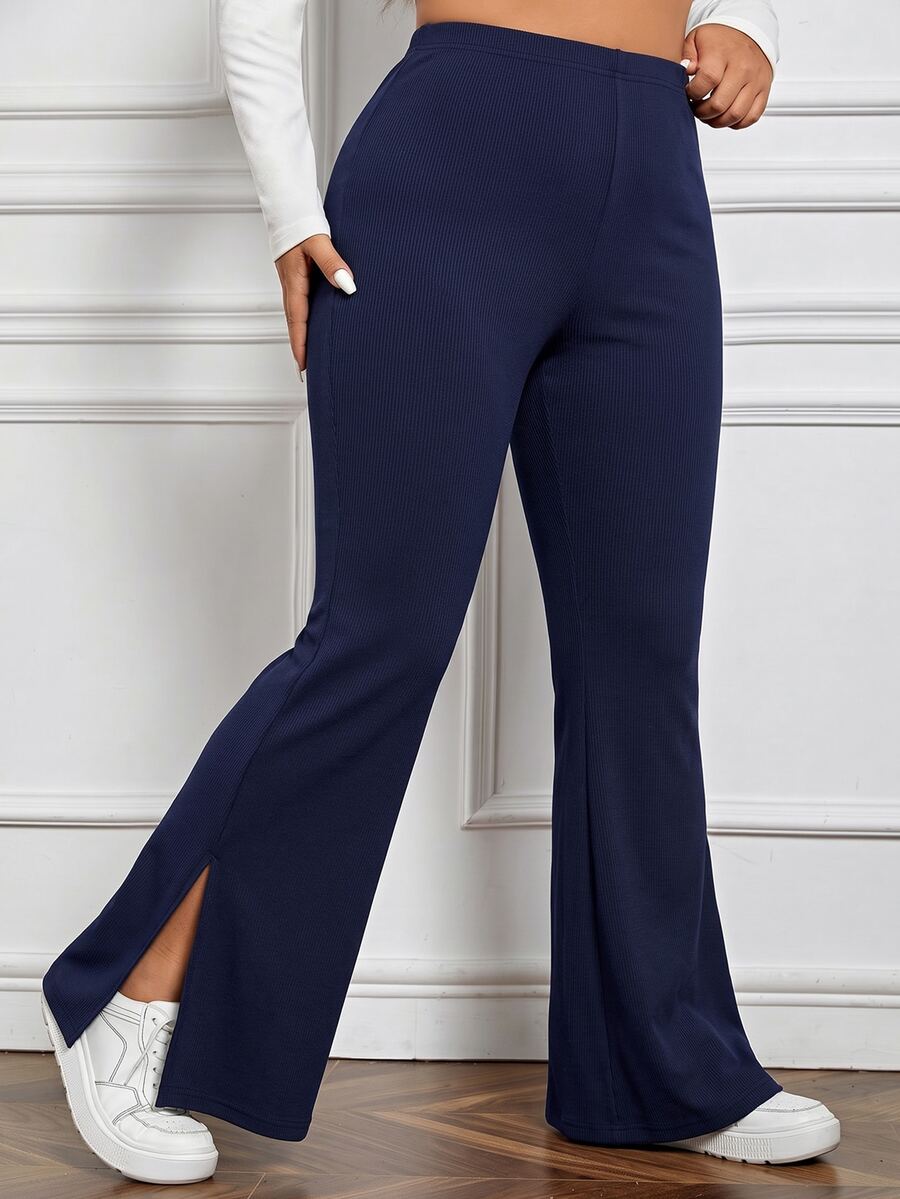 SHEIN EZwear Women's Plus Size Navy Blue Casual Side Slit Flare Pants, Autumn/Winter Fall - Navy Blue - View 1