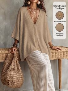 Linhara CURVE Plus Size Women Solid Color Knit Shawl Cardigan V-Neck Metal Button Suitable For Daily Casual Office Vacation Plus Size Women Cardigan Winter - Champagne - View 1