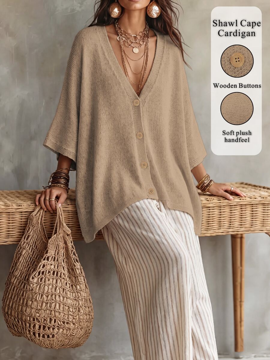 Linhara CURVE Plus Size Women Solid Color Knit Shawl Cardigan V-Neck Metal Button Suitable For Daily Casual Office Vacation Plus Size Women Cardigan Winter - Champagne - View 1