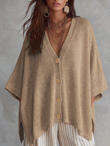 Linhara CURVE Plus Size Women Solid Color Knit Shawl Cardigan V-Neck Metal Button Suitable For Daily Casual Office Vacation Plus Size Women Cardigan Winter - Champagne - View 6