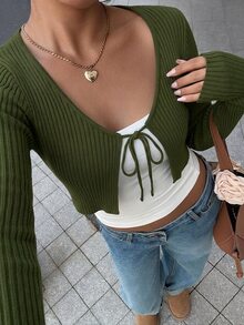 SHEIN Unity 女款素色短版休閒繫帶開襟衫 - 綠色 - 查看 1