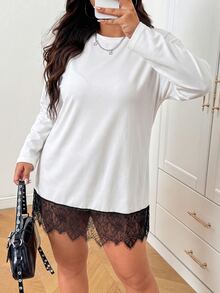 SHEIN EZwear 秋冬白色大尺碼女款休閒洋裝，蕾絲下擺拼接設計 - 白色 - 查看 1