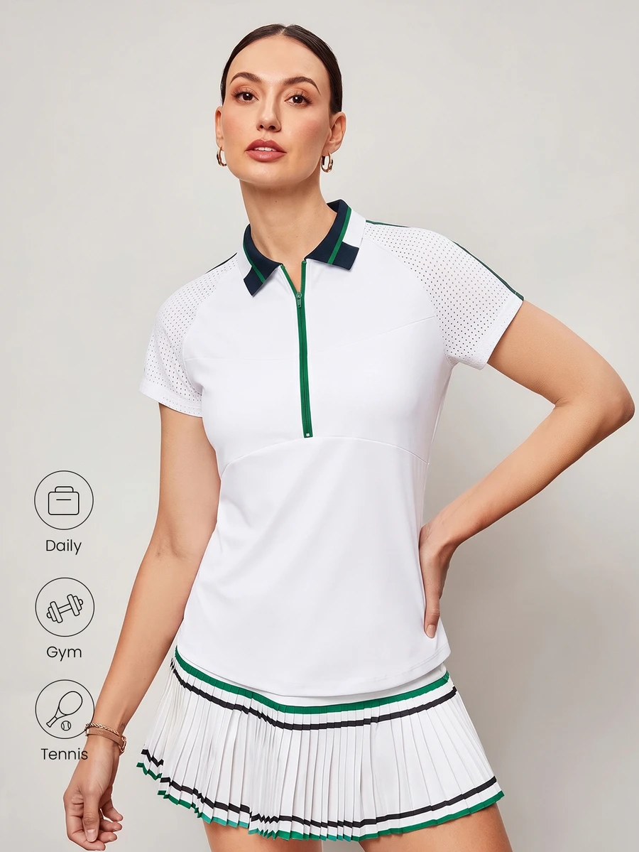Activina 女款拼色休閒運動休閒風 Polo 衫,適合日常健身、戶外運動、運動健身、網球、高爾夫,優雅時尚外出穿搭,白色與綠色,夏季款 - 白色 - 查看 1