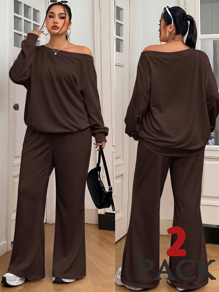 Solflare Plus Size Women Solid Color Asymmetrical Shoulder Long Sleeve Top And Pants Casual Daily 2 Pieces Set Fall - Coffee Brown - View 1
