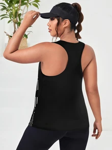 SHEIN Rhythm Era Plus Letter & Striped Print Sports Tank Top - Black - View 2